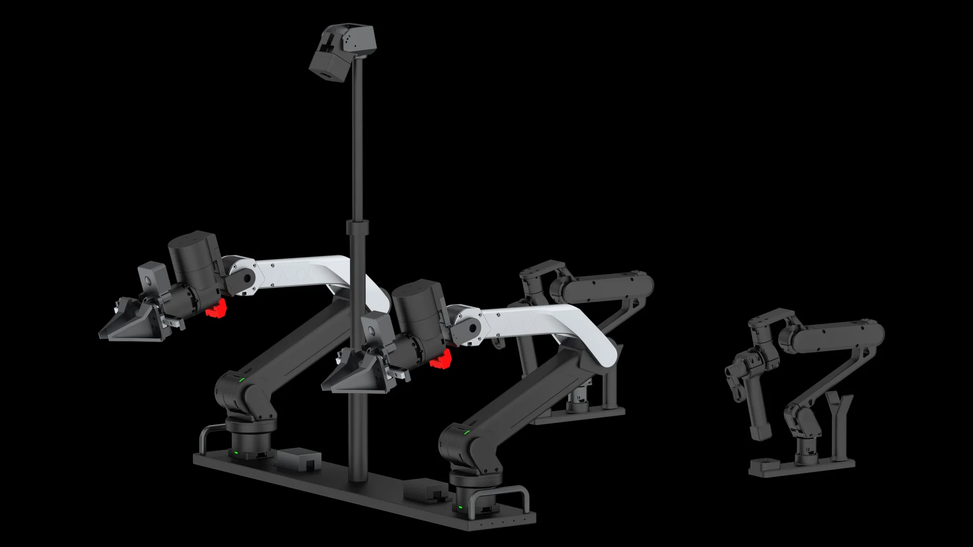 ARX bimanual data-collection platform with follower arms, leader arms and a top camera mast on one base